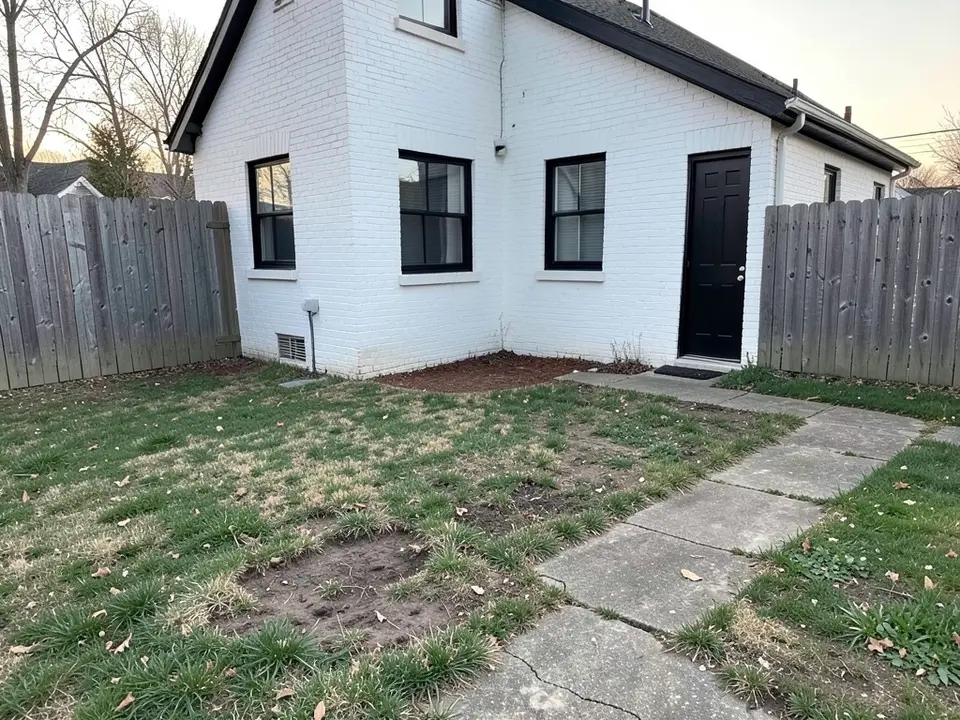 Small square backyard behind a white painted brick house with black windows and a black door, a worn lawn with bare dirt patches and a cracked concrete path