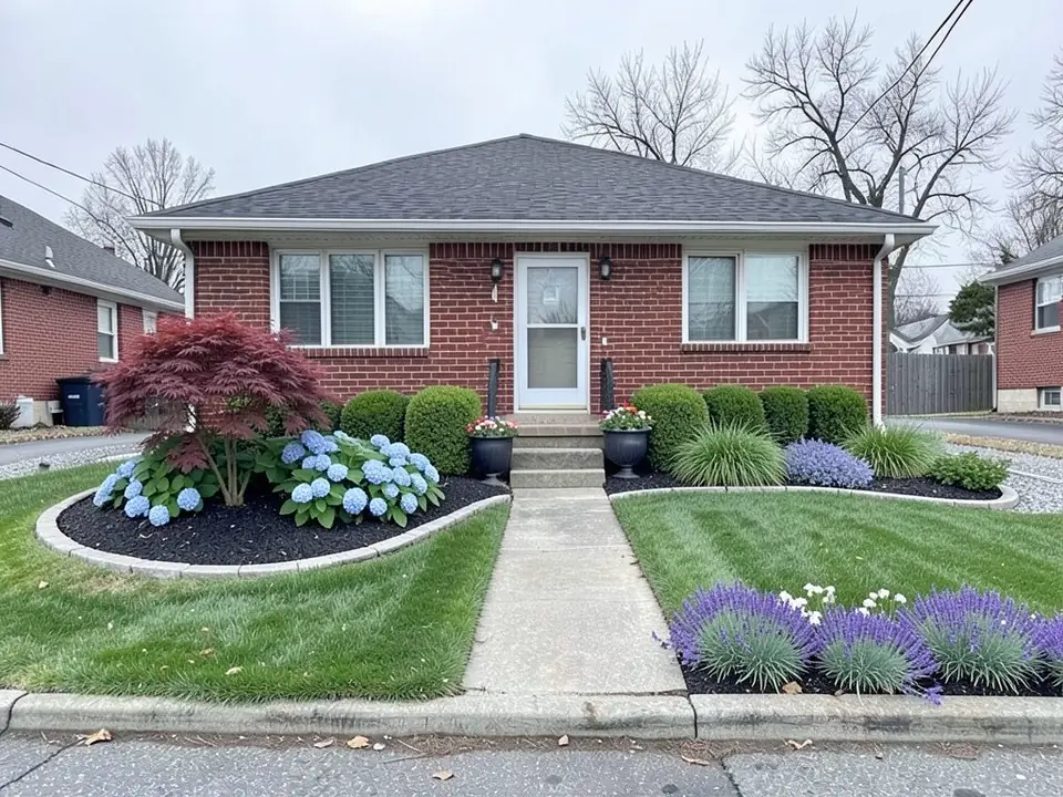 The same brick bungalow with curved mulched beds, a red Japanese maple, blue hydrangeas, rounded boxwoods, lavender-colored flowers, a smaller green lawn and two planters by the steps