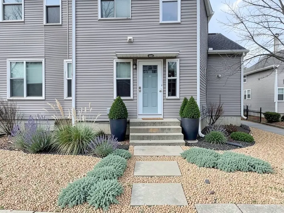 The same townhouse with no lawn: pea gravel, creeping groundcover, ornamental grasses and lavender along the wall, square stepping pavers and two tall planters with clipped evergreens beside the steps