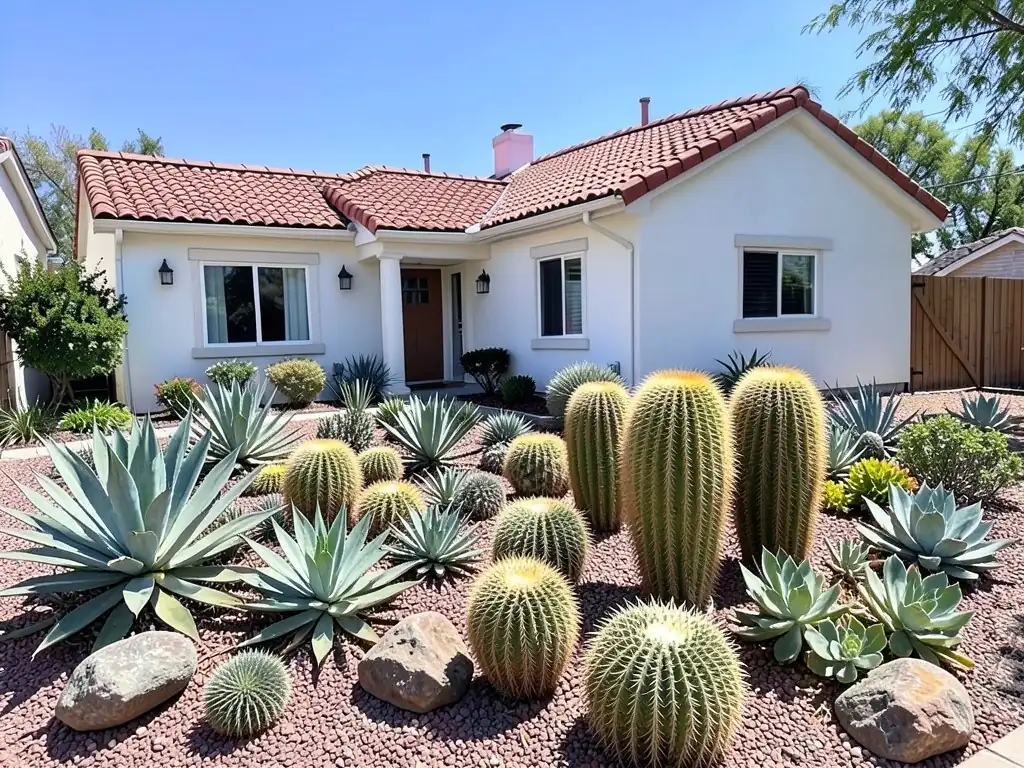 AI-edited version of the same image: the lawn replaced by reddish-brown gravel planted with large blue-green agaves, golden barrel cactus, tall columnar cactus and grey-green rosette succulents, with a few rounded boulders in front