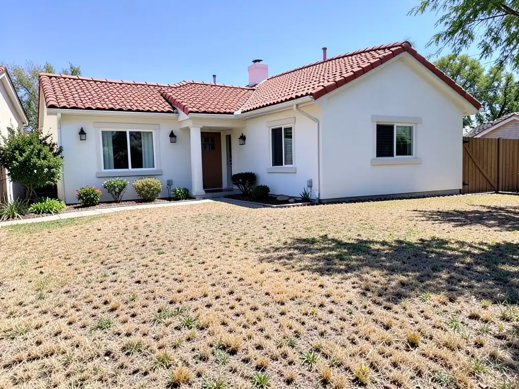 AI-generated example: a front yard of dry, patchy brown lawn in front of a one-story white stucco house with a red tile roof, small shrubs along the house, a walkway on the left and a wooden fence on the right