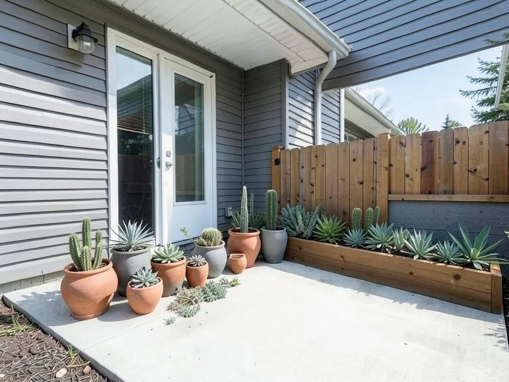 AI-edited version of the same image: a group of nine terracotta and grey pots of different sizes planted with cacti and succulents in the corner by the door, and a long low wooden raised bed of agave-like succulents and small cacti along the fence