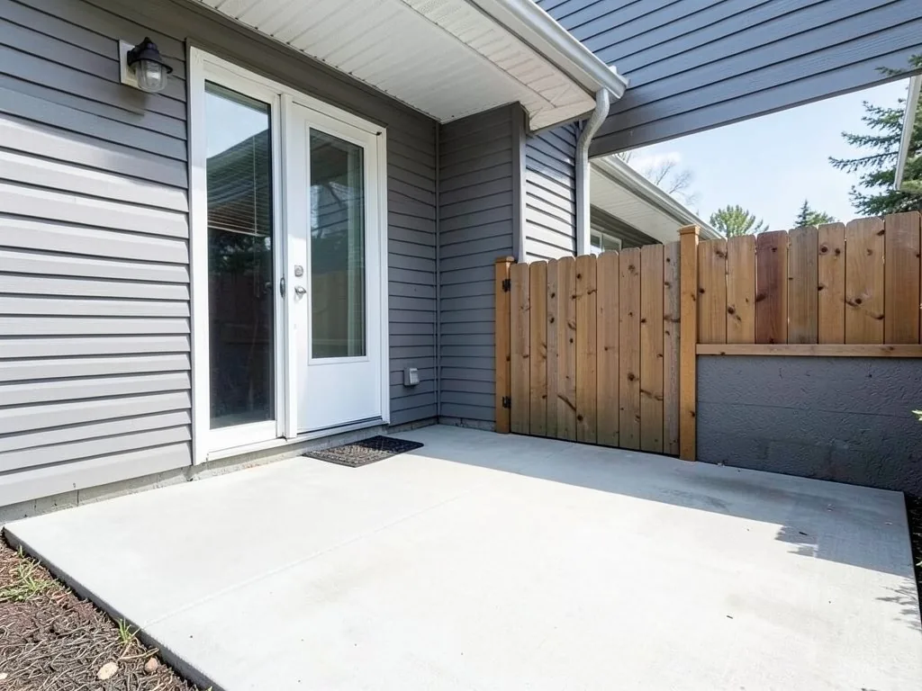 AI-generated example: an empty plain concrete patio by a white glass back door of a grey sided house, with a doormat, a wooden fence and gate, and a strip of dark mulch at the left edge