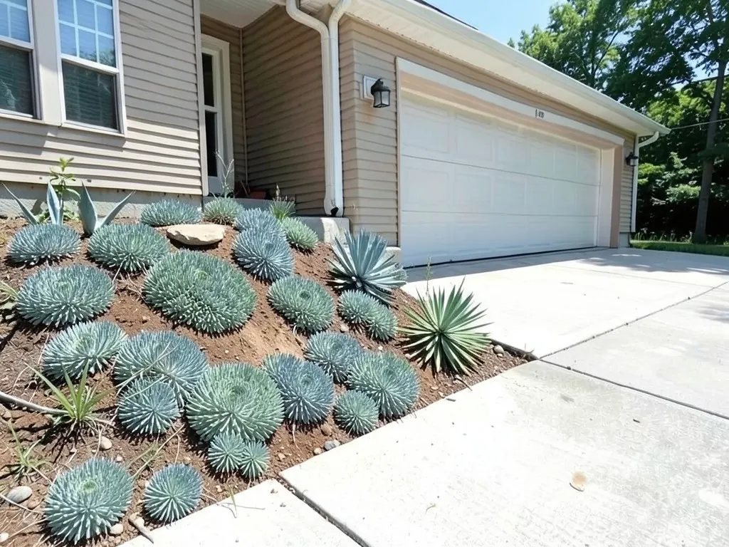AI-edited version of the same image: the slope planted with spaced blue-grey succulent mounds, a few agaves and one flat rock, with bare dirt between the plants, next to the driveway