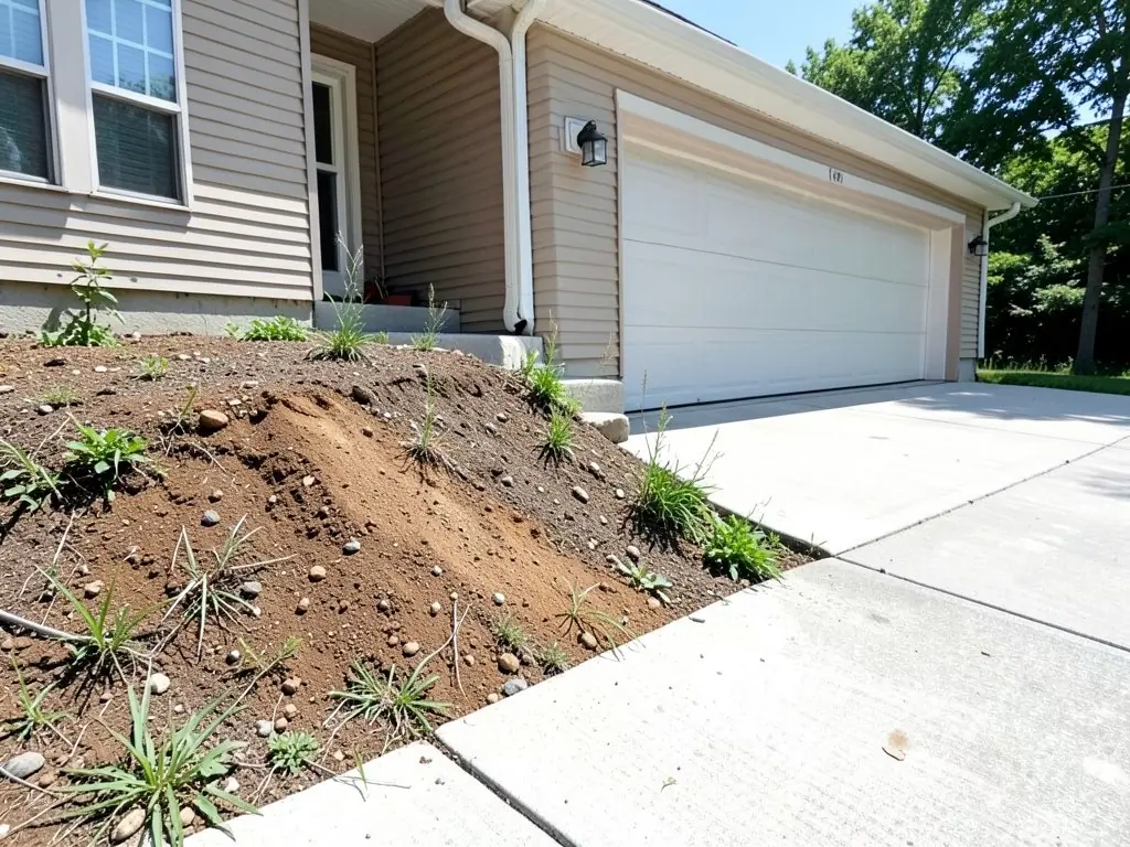 AI-generated example: a small slope of bare brown dirt with pebbles and weeds beside a concrete driveway, in front of a beige sided house with a white garage door and concrete steps up to the front door