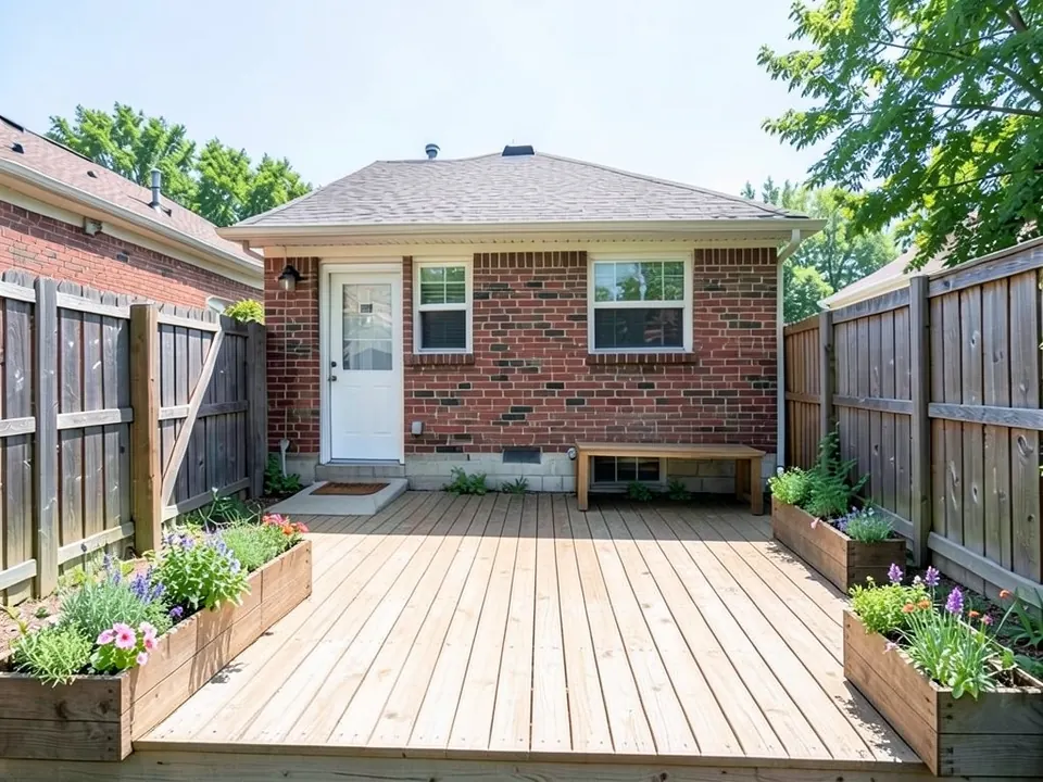 AI-edited version of the same image: the patchy grass replaced by a low pale wooden deck, a wooden bench standing against the house wall, and three wooden planter boxes of herbs and purple, pink and white flowers along the fences