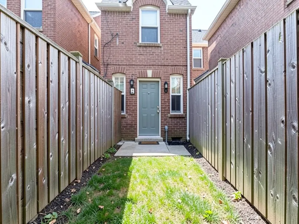 AI-generated example: a narrow townhouse backyard between two tall dark wooden fences, with a red brick back wall, a grey-green door between two wall lamps, a concrete step and small slab with a doormat, thin mulch strips along both fences and a strip of lawn in the middle