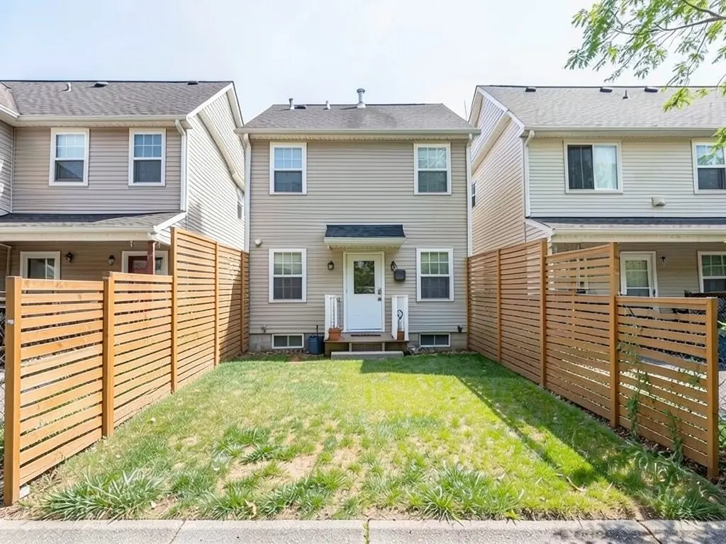 AI-edited version of the same image: tall horizontal slatted cedar screens in place of the chain link on both sides of the middle yard, running from the houses to the front edge of the lawn, a vine on the right screen and a short gap in the left screen near the house, hiding the neighbors' yards