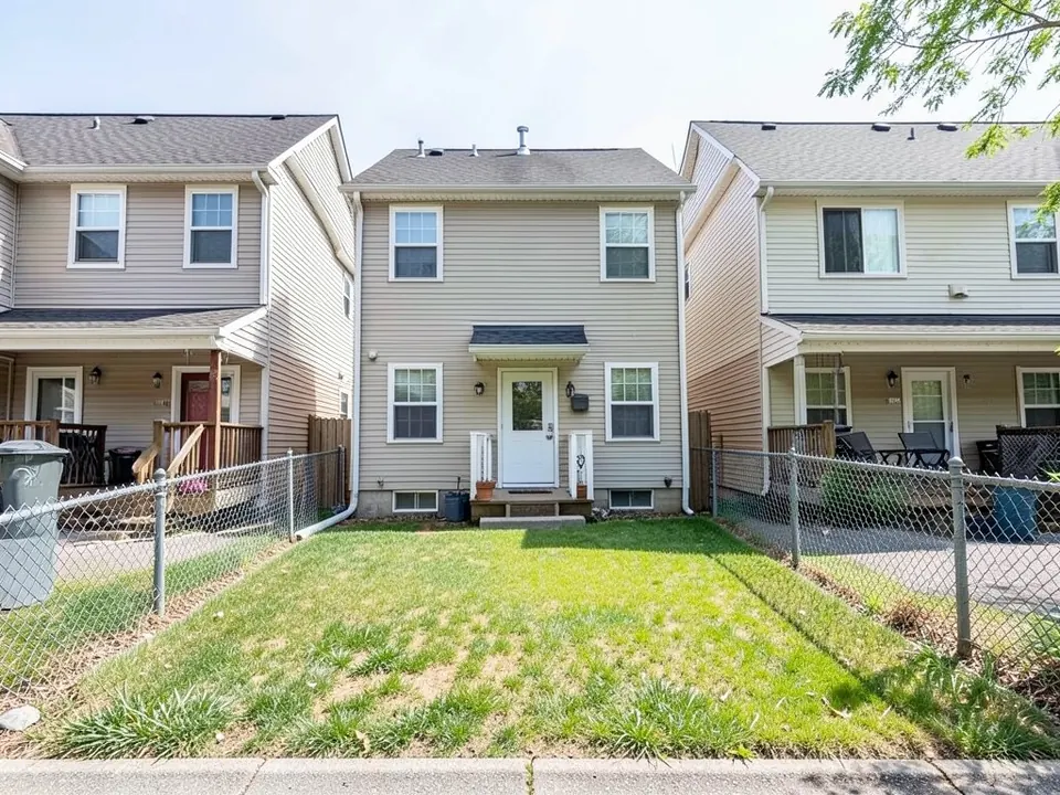 AI-generated example: the backs of three two-story units with beige siding, a middle yard of lawn running down to a sidewalk, low chain link fences on both sides of it, the neighbors' back porches with patio chairs, and a grey trash bin at the left