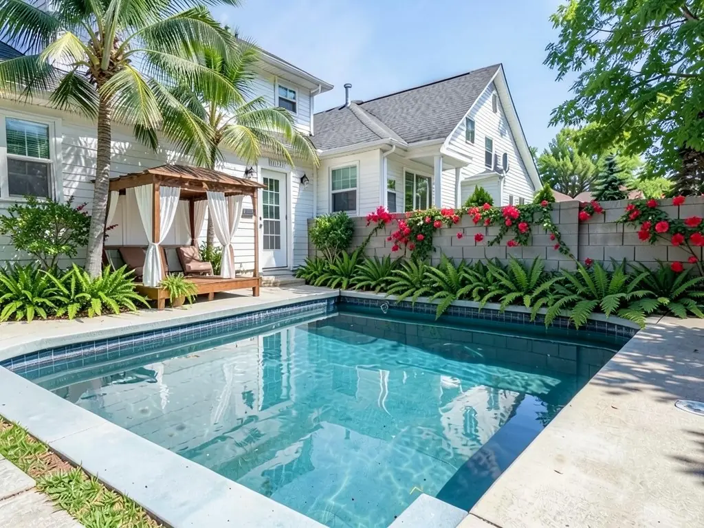 AI-edited version of the same image: two tall palms by the house, a wooden cabana with white curtains and two cushioned chairs on the deck, ferns along the wall and the house, and red flowers trailing over the top of the block wall
