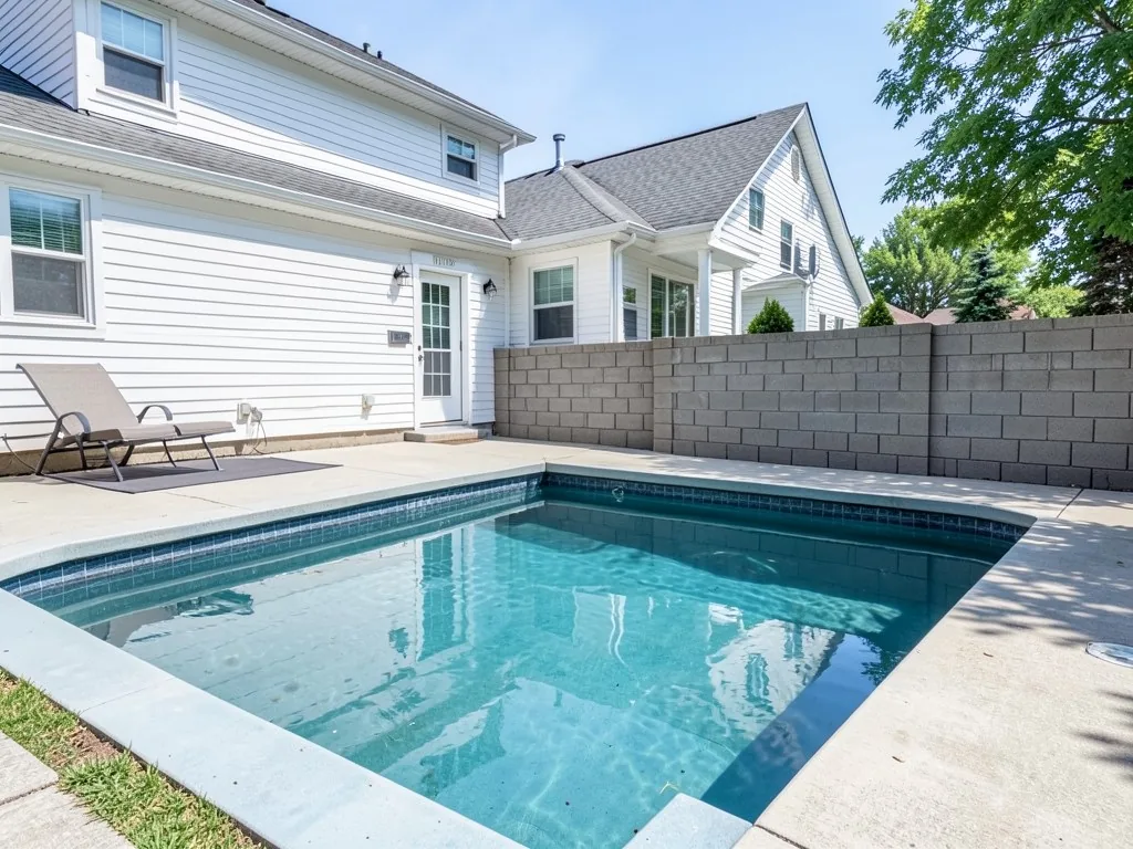 AI-generated example: an in-ground pool with a plain light concrete deck behind a white two-story house with a back door and wall lamps, a grey concrete block wall, and a lounge chair on a mat by the house
