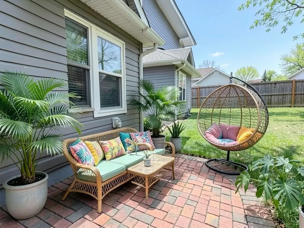 AI-edited version of the same image: a rattan loveseat with mint cushions and bright tropical print pillows, a rattan coffee table, a large palm in a white pot, a palm and a snake plant in grey pots, a hanging egg chair on a stand and a monstera at the edge of the patio