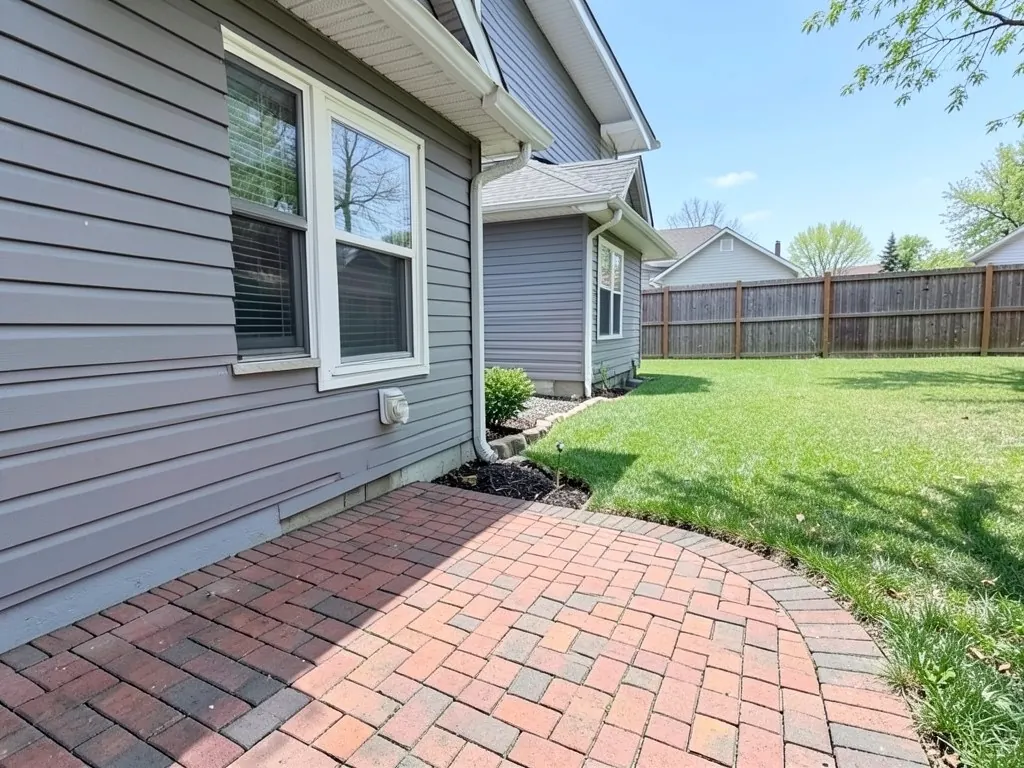 AI-generated example: a curved red brick patio beside a grey sided house with a large window, a small shrub and mulch bed at the corner of the house, a lawn beyond and a wooden fence at the back