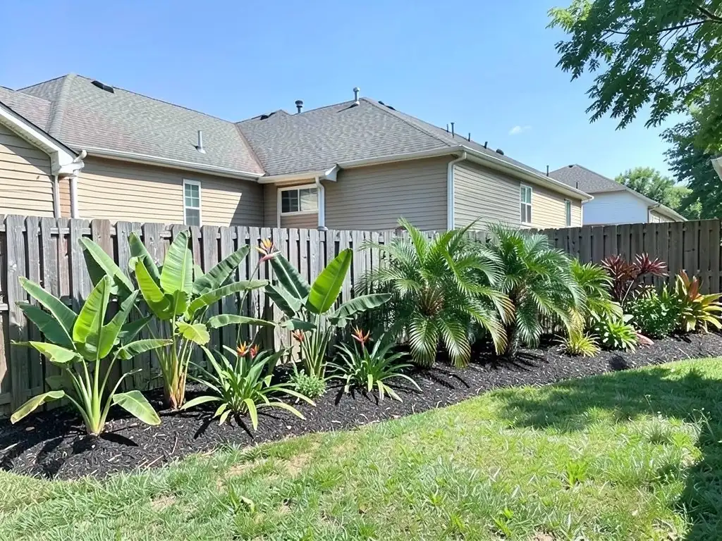 AI-edited version of the same image: a long bed of dark mulch along the fence planted with banana plants, bird of paradise with orange flowers, palms, red-leaved plants and low spiky plants, with the lawn in front