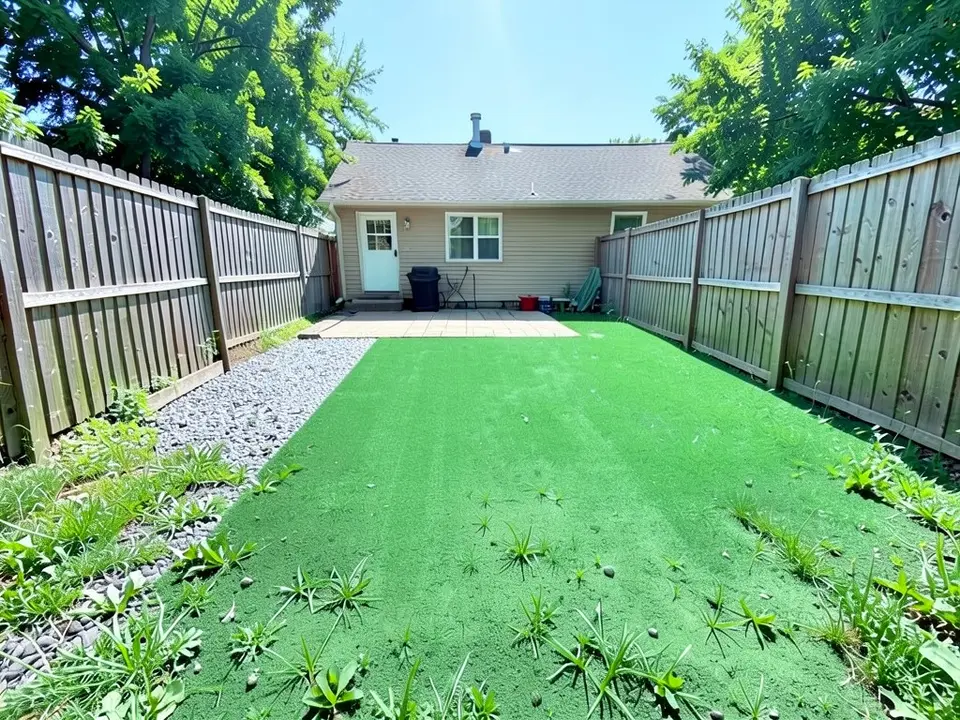 AI-edited version of the same image: the dirt and worn grass replaced by smooth green turf with a narrow strip of grey gravel along the left fence, and weeds still growing along both fences and in the foreground