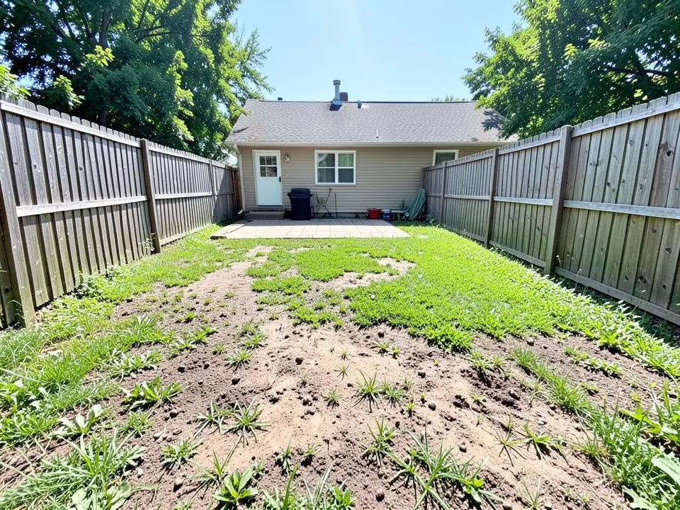 AI-generated example: a narrow backyard between two tall wooden fences with a worn lawn, large bare dirt patches and weeds, a small paved patio and a beige house with a white door at the back, under a blue sky with trees overhead