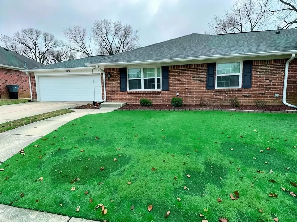 AI-edited version of the same image: the same house and walkway with the front lawn replaced by bright green turf that still shows darker green blotches where the bare soil was, with leaves lying on it