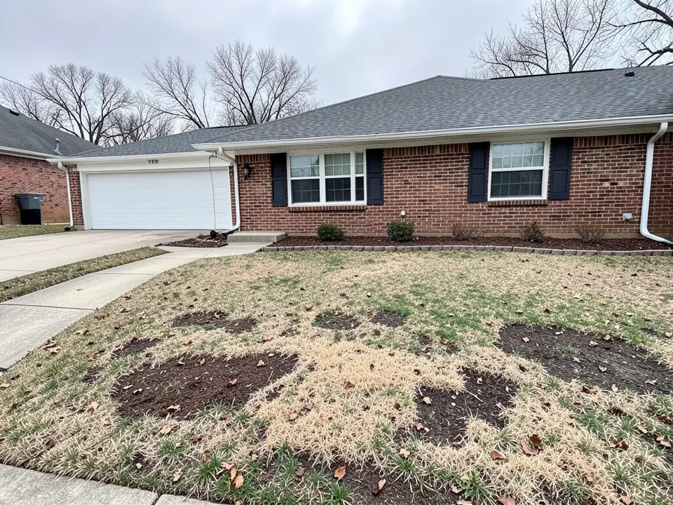 AI-generated example: the front of a single-story brick house with a white double garage door, dark shutters, a brick-edged bed with small shrubs, a concrete walkway and driveway, and a thin dry front lawn with brown patches, bare dark soil and fallen leaves under an overcast sky with bare trees