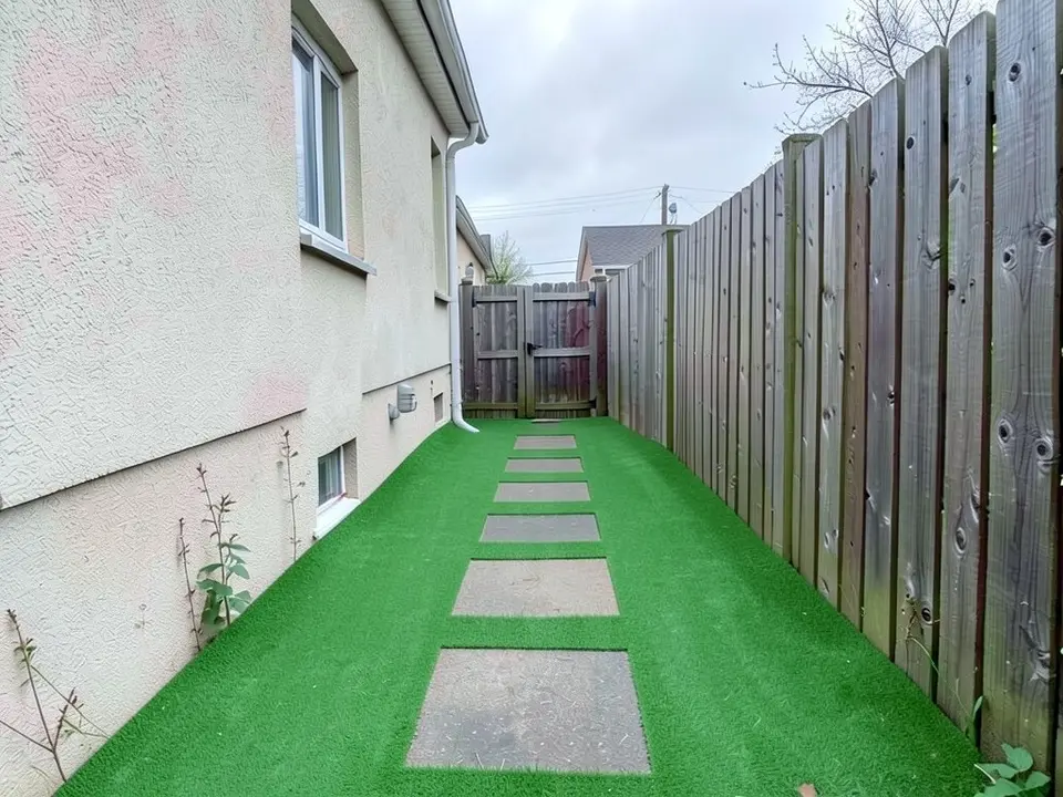 AI-edited version of the same image: the ground replaced by smooth green turf with a line of rectangular stepping stones down the middle, the same fence and gate, a wall with pink blotches in its plaster, and a few tall weed stalks still standing along the wall
