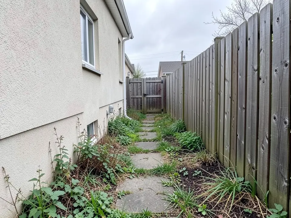 AI-generated example: a narrow side yard between a cream stucco house wall with a window and downspout on the left and a tall wooden fence on the right, the ground covered in weeds, patchy grass and a few irregular stepping stones, with a wooden gate at the far end under an overcast sky