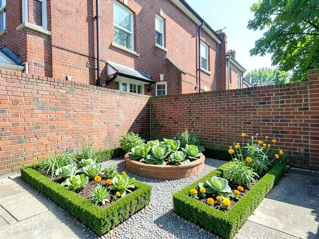 AI-edited version of the same image: two square beds edged with low clipped boxwood in front, a round raised brick bed of cabbages in the middle, orange marigolds and herbs, grey gravel paths between them and boxwood edging along the back walls