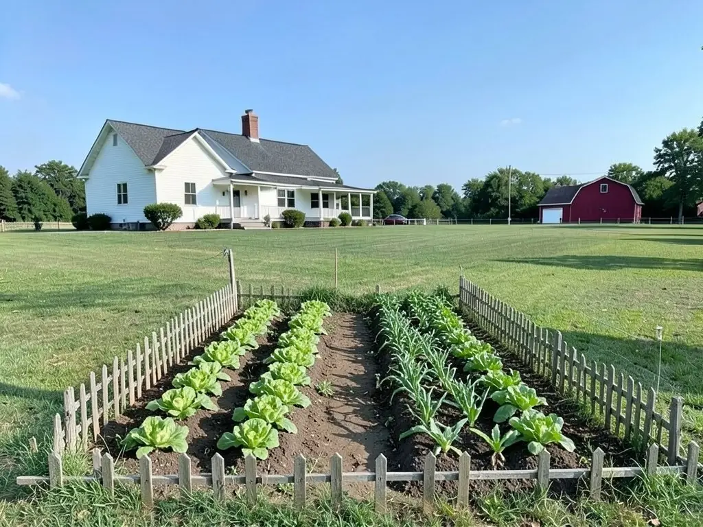 AI-edited version of the same image: a rectangular in-ground vegetable garden on the lawn with straight rows of lettuce and young upright plants in dark soil, a dirt path down the middle and a low weathered wooden picket fence around the front and sides