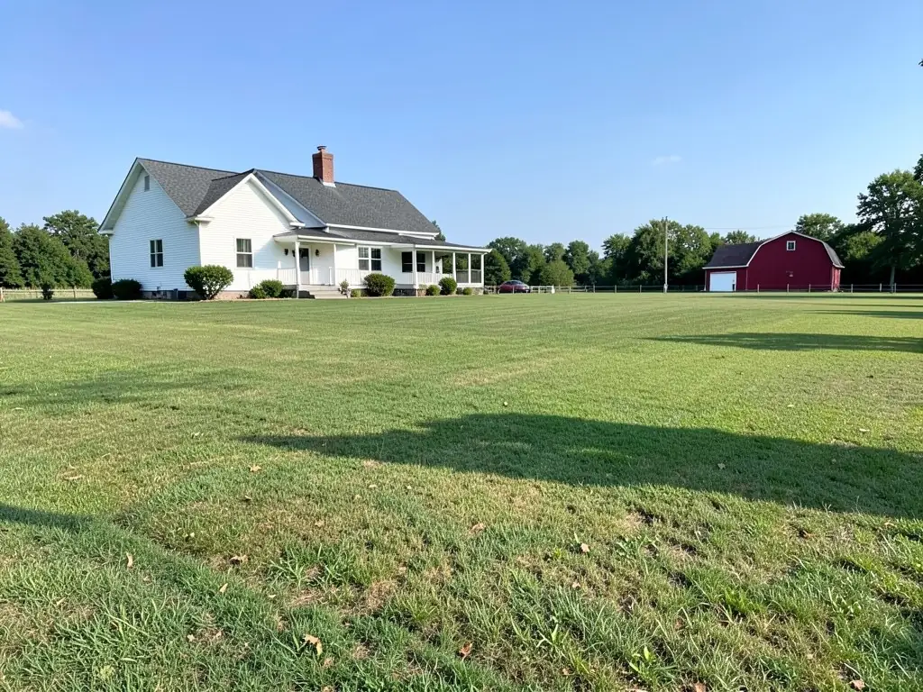 AI-generated example: a large flat mown lawn behind a white farmhouse with a covered porch and a brick chimney, with a red barn and trees in the distance