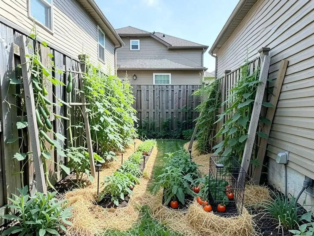 AI-edited version of the same image: tall wooden trellises along the fence covered in climbing vines with hanging cucumbers, more trellises leaning against the house wall, tomato plants with red tomatoes, one in a black wire cage, and straw mulch over most of the strip