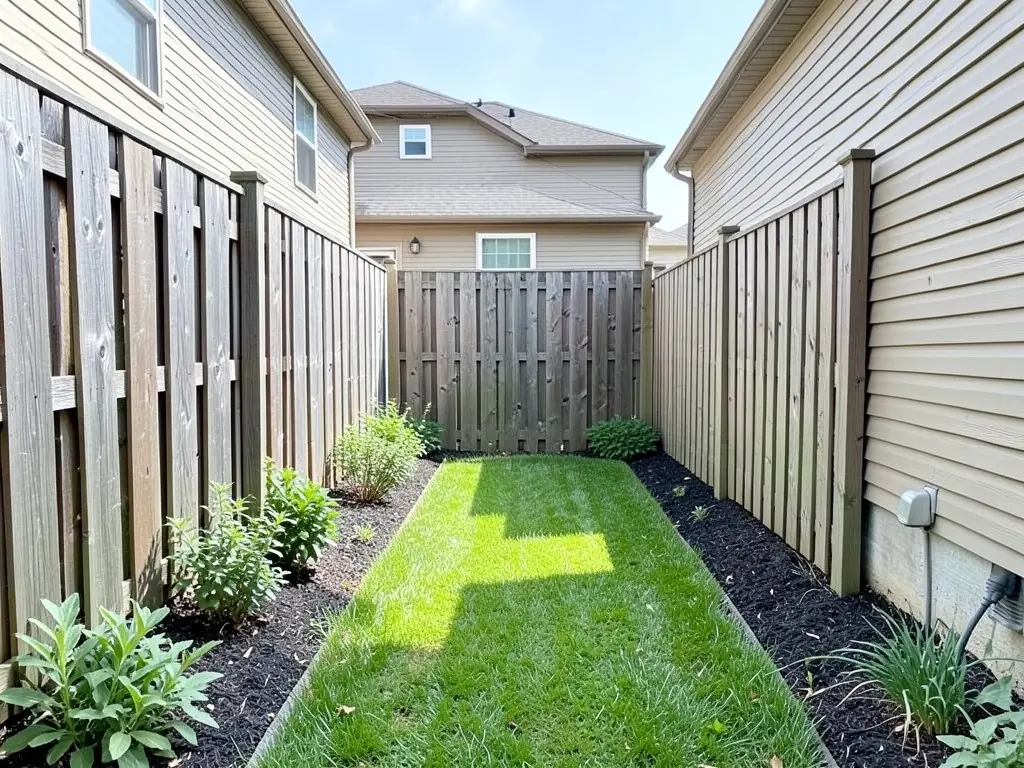 AI-generated example: a narrow strip of lawn between a wooden fence on the left and a beige house on the right, with black-mulched beds and a few plants along both sides and another beige house behind the back fence