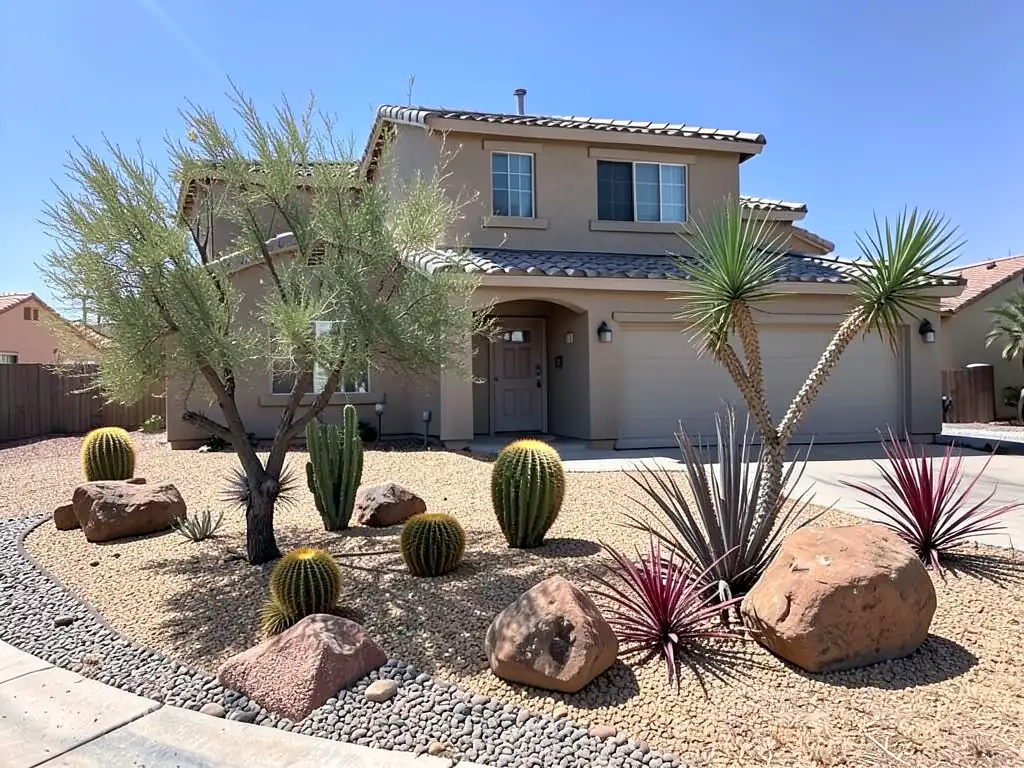 The same two-story house with desert landscaping: tan gravel, a palo verde style tree, barrel and columnar cactus, a tall yucca, red spiky accent plants and large boulders