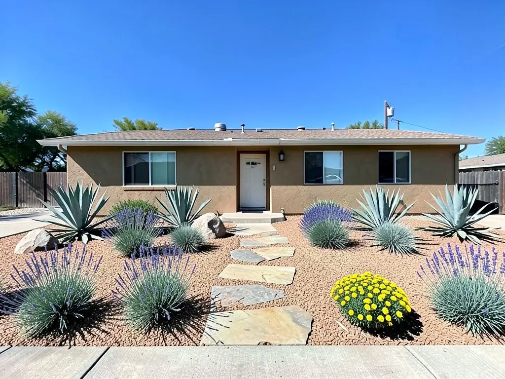 The same ranch house with reddish-tan gravel, a flagstone path, agave, lavender, blue fescue, yellow flowers and boulders