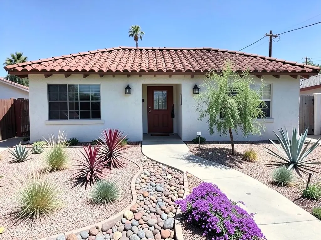 The same Spanish-style house with a river rock dry creek bed, gravel, ornamental grasses, agave, red spiky accent plants, purple flowering groundcover and a small tree