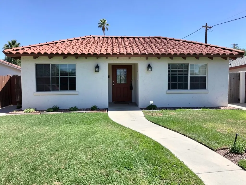 White stucco Spanish-style house with a red tile roof, a grass lawn and a curved concrete walkway