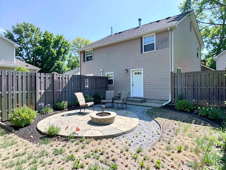 AI-edited version of the same image: the same house and fence with a round flagstone-style patio and a stone fire pit near the house, chairs, a gravel patch beside it and dark planting beds with shrubs and flowers
