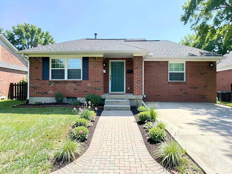 AI-edited version of the same image: the same house with a brick-paver walkway from the steps across the lawn and planting beds with low shrubs, grasses and pink flowers on both sides of it