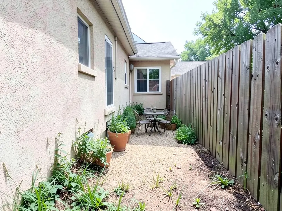 AI-edited version of the same image: the same side yard with light gravel ground, a small round bistro table with chairs at the far end and large terracotta pots with plants along the house wall