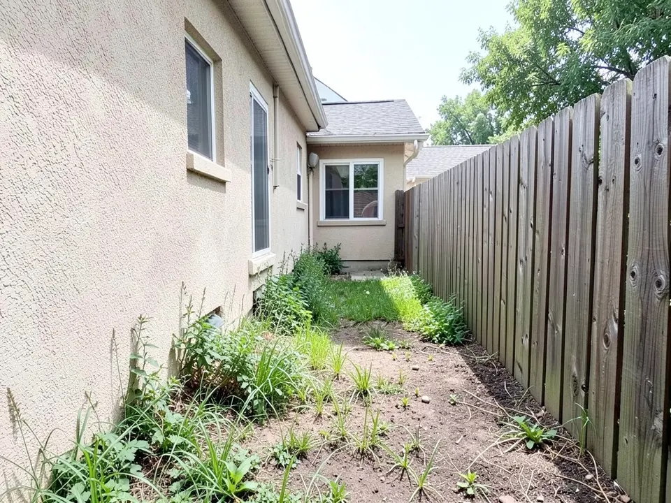 AI-generated example: a narrow side yard between a beige stucco house wall on the left and a tall wooden fence on the right, with weeds and bare dirt on the ground